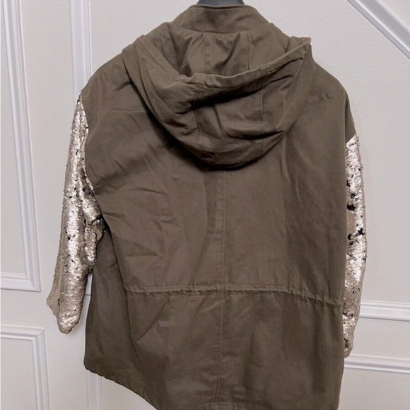 Zara Changing Sequin Sleeve Parka Olive Green Utility Jacket Shiny Sparkly - Picture 14 of 16